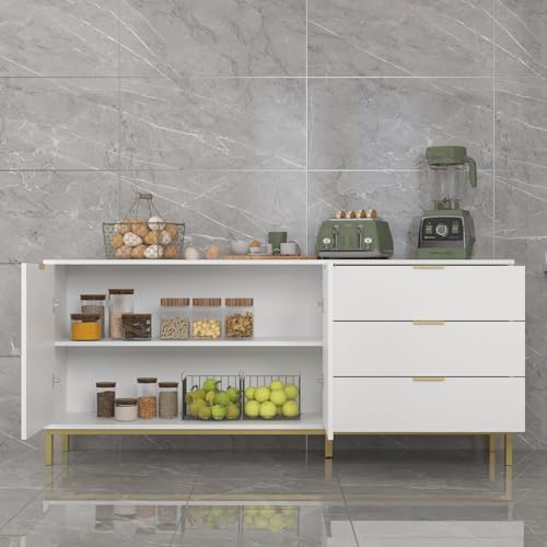 Sideboard Storage Cabinet with Drawers and Doors, Gold Metal Frame Legs, White A499
