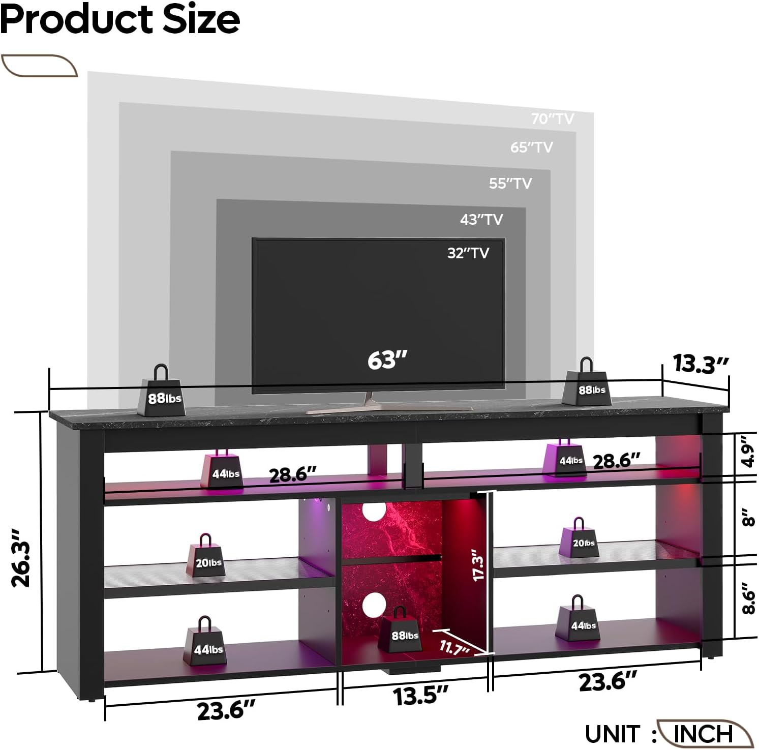 TV Stand for 65/70 inch TV with LED Lights and Storage I908