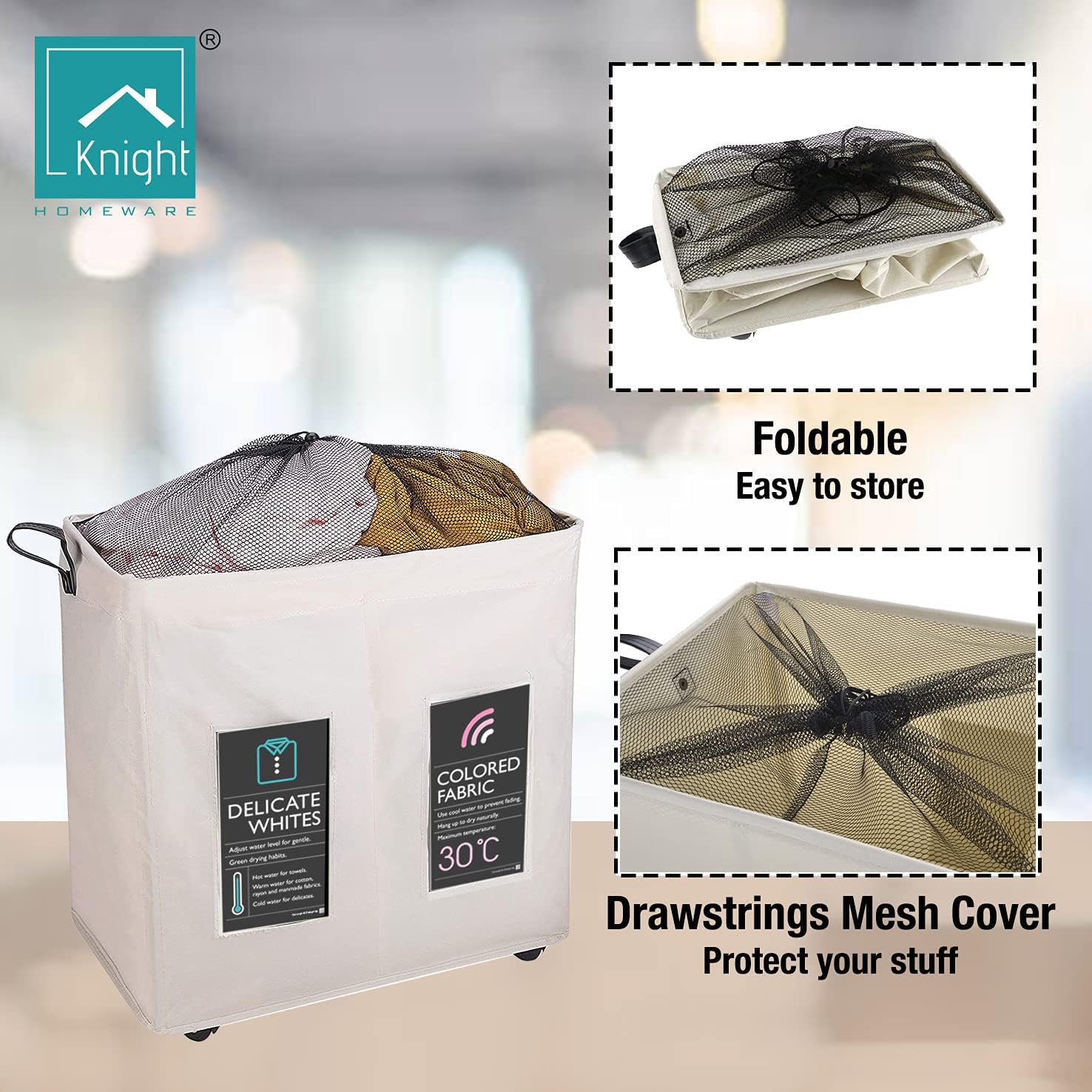 120L Collapsible Laundry Basket with Wheels, 2 Section, Mesh Cover X768805