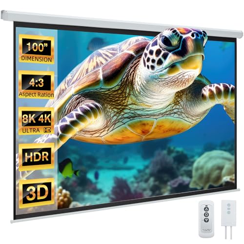 YODOLLA 100" Projector Screen Motorized 4:3, 4K HD Pull Down Retractable Projection Screens Electric Automatic Wall Ceiling Movie Screen for Office Classroom Indoor with Remotes…