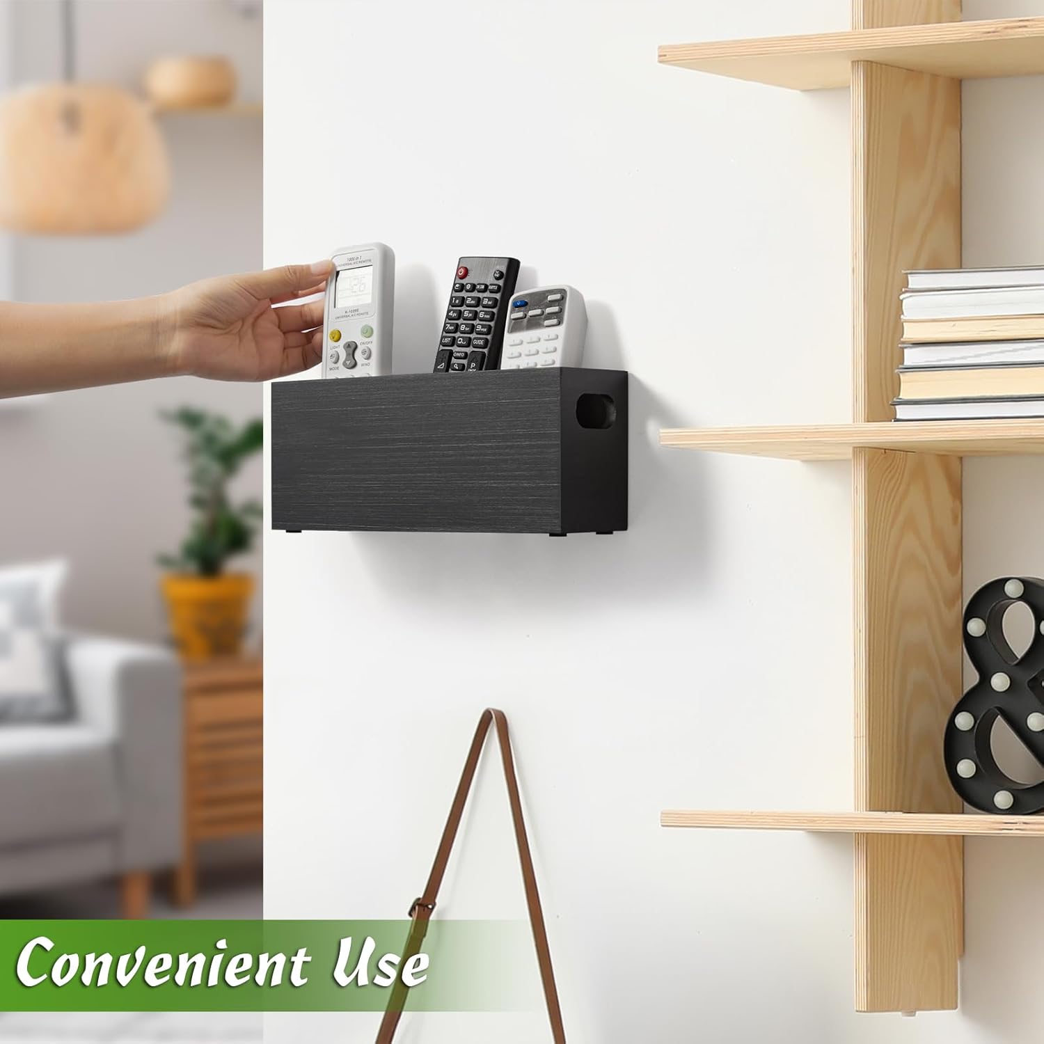 Wall Remote Control Holder with 3 Slots, Wooden, Black T27943