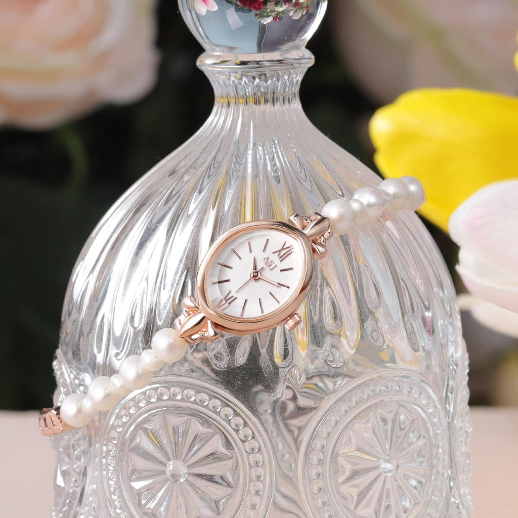 Natural Pearl Watch and Bracelet Set for Women, Rose Gold Oval Dial G8080