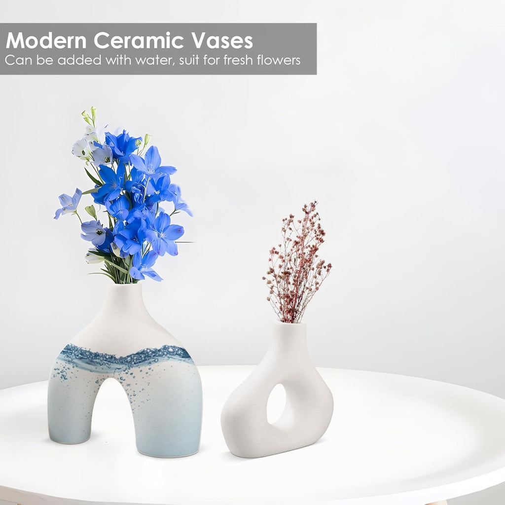White Ceramic Vase Set of 2, Matte Donut Vases for Pampas Grass R76837