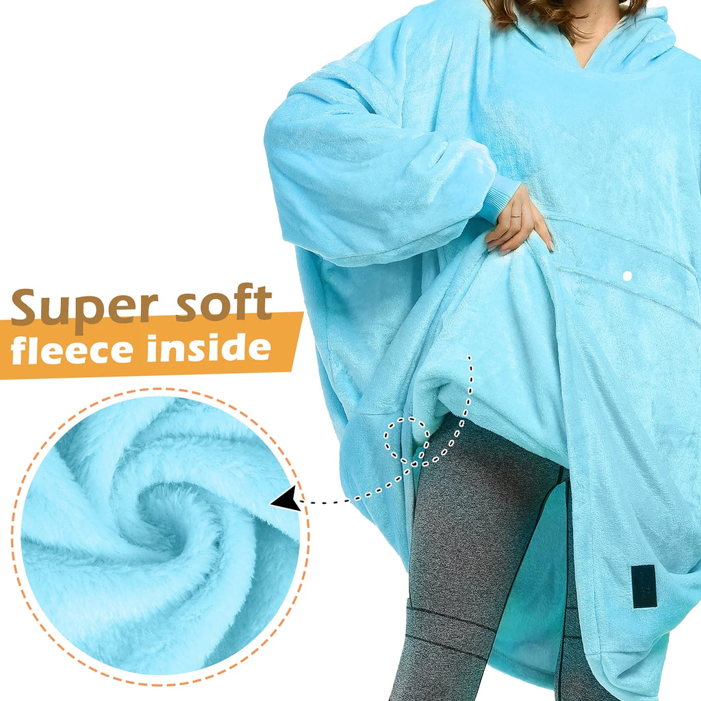 Hooded Blanket Sweatshirt, Soft Fleece Pullover for Adults, Blue I732545