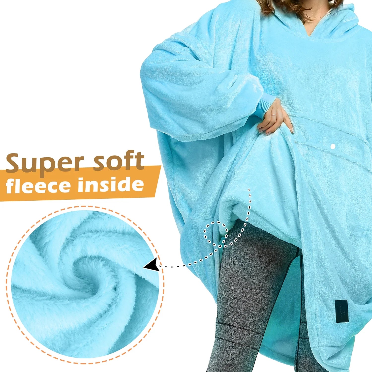 Hooded Blanket Sweatshirt, Soft Fleece Pullover for Adults, Blue I732545