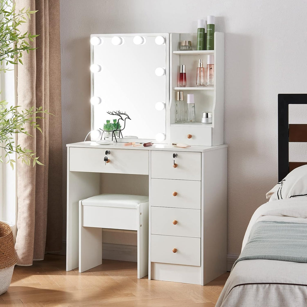 Girls Makeup Vanity with Sliding Mirror and Lights, Lockable Drawers, Soft Chair V777