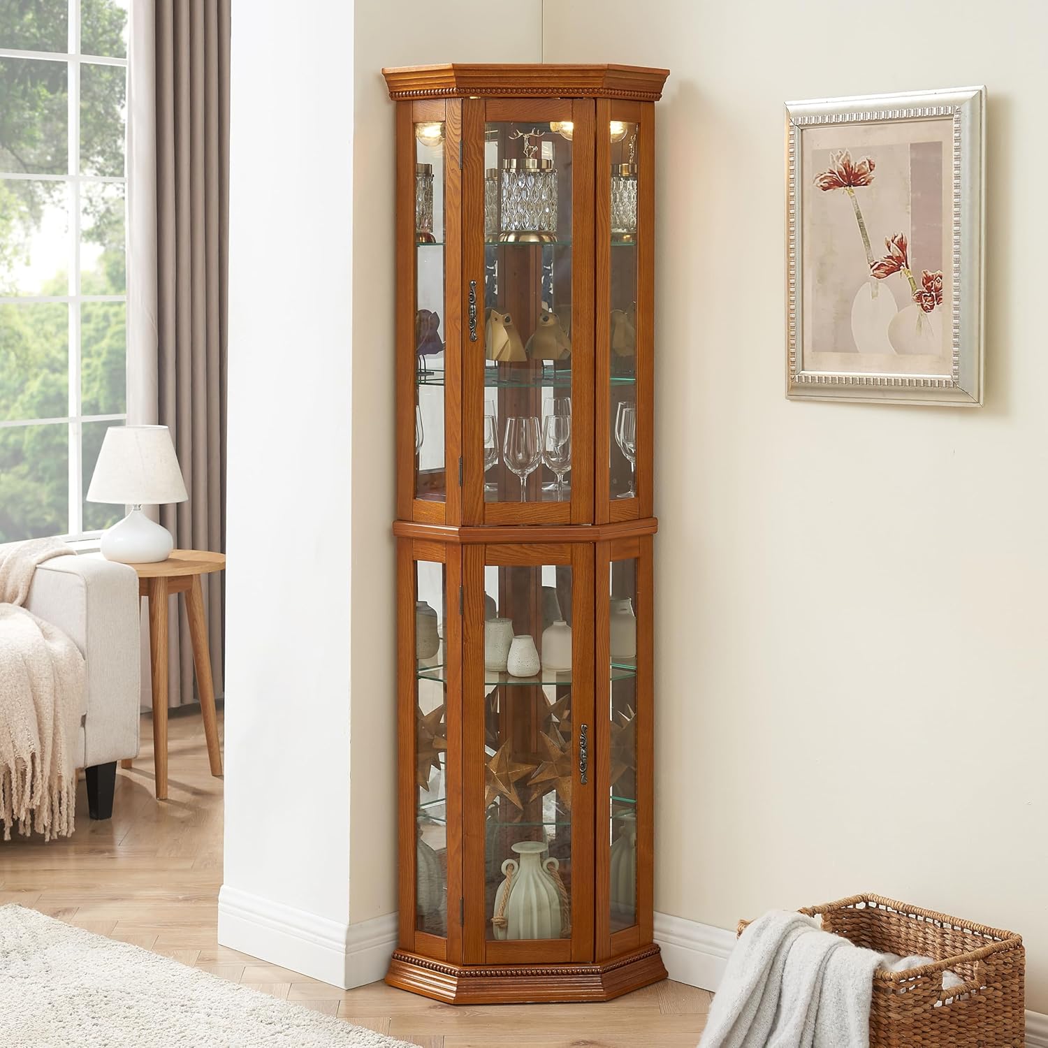 Tall Corner Display Cabinet with Lights and Glass Shelves Y93400