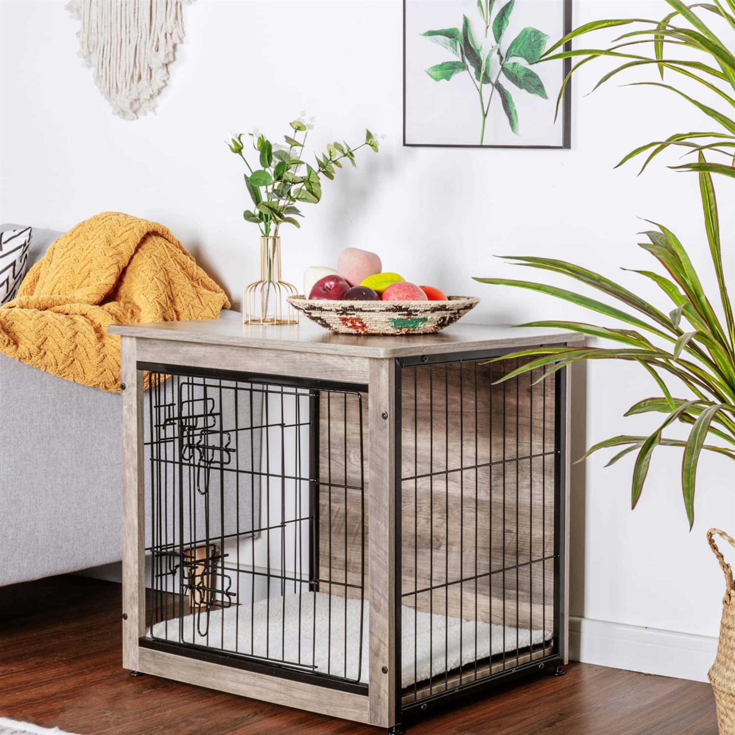 Wooden Dog Crate Furniture with Cushion and Double Doors E960