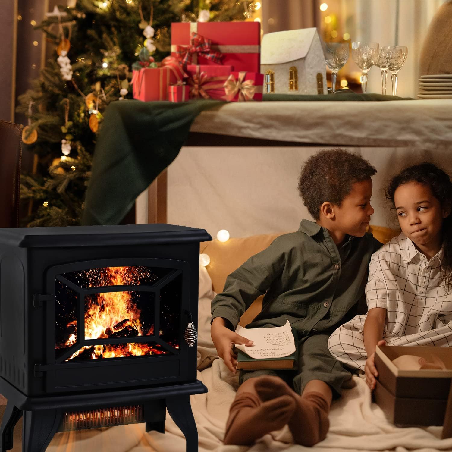 Electric Fireplace Heater with 3D Flames, Freestanding TV Stand, 1500W B773