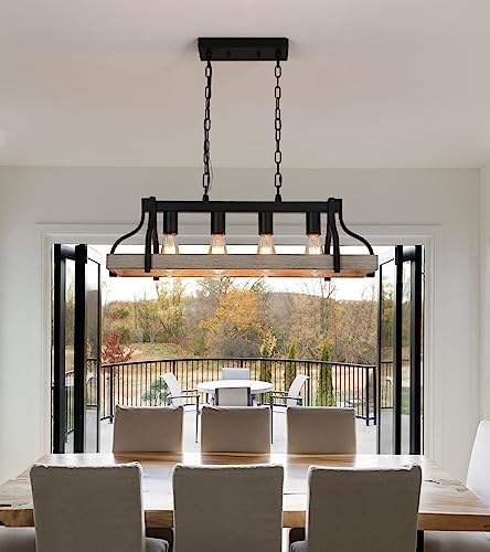 Farmhouse Linear Chandelier Black Wood Finish 4-Light Hanging Pendant P181031