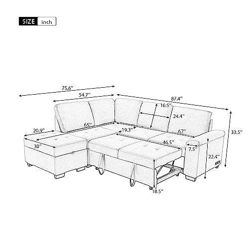 Modular L-Shape Sofa Bed with Ottoman and Storage, Dark Gray T76159