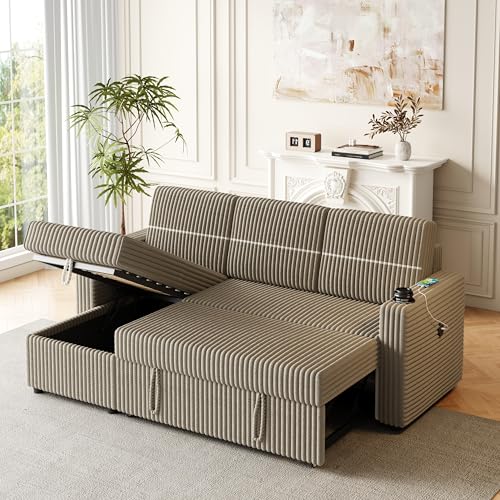 Convertible Sectional Sleeper Pull-Out Bed - 85'' 3-Seater L-Shaped Sleeper Sofa with Storage Chaise USB Charge Port and 2 Cup Holders, Corduroy Upholstered Pull Out Couch for Living Room (Brown)