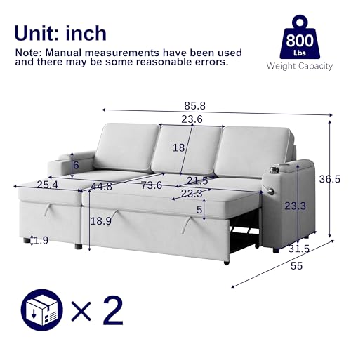 L-Shaped Sofa Bed with Chaise and Cup Holder, Convertible Sleeper, Dark Grey W207865