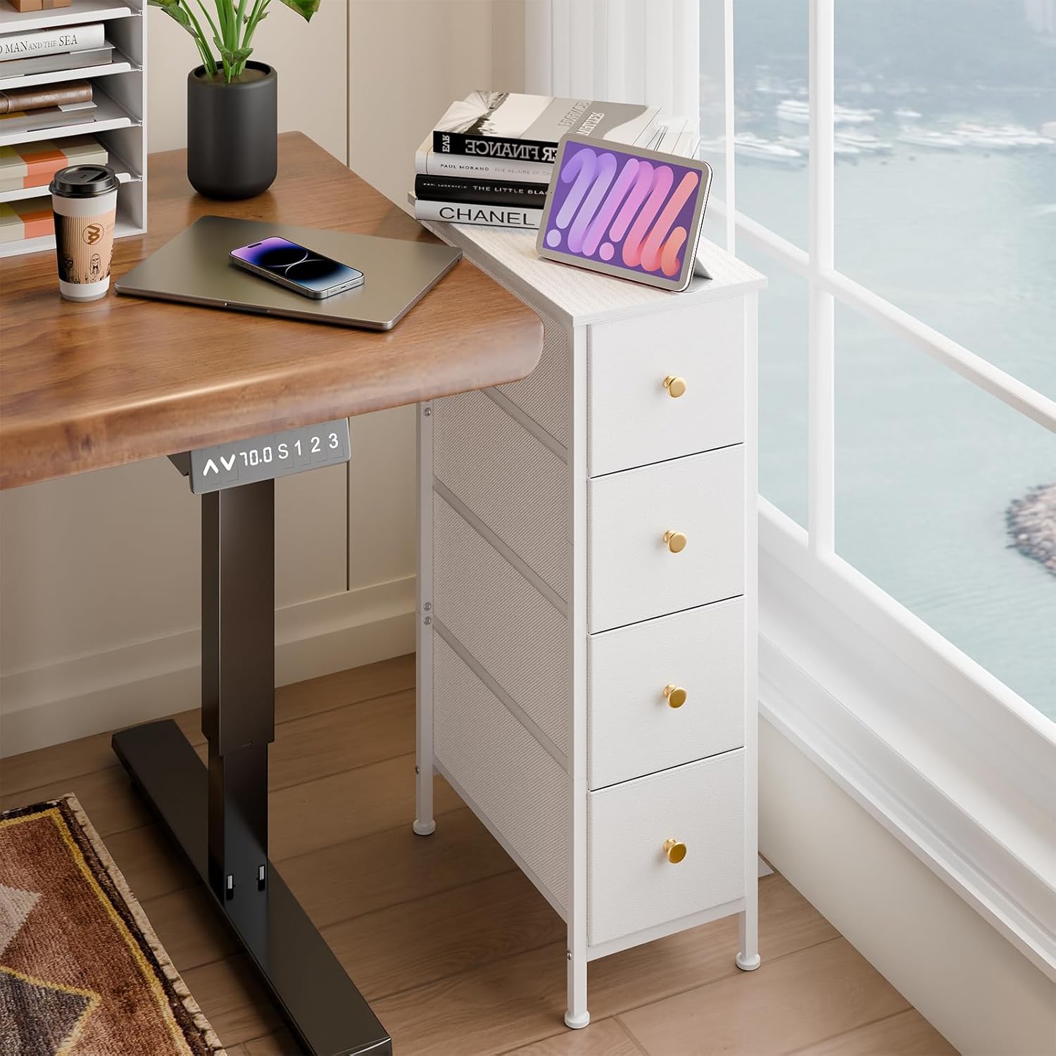 Narrow Storage Cabinet with 4 Drawers, Slim Fabric Dresser Tower for Small Spaces, White with Steel Frame and Wood Top M87984