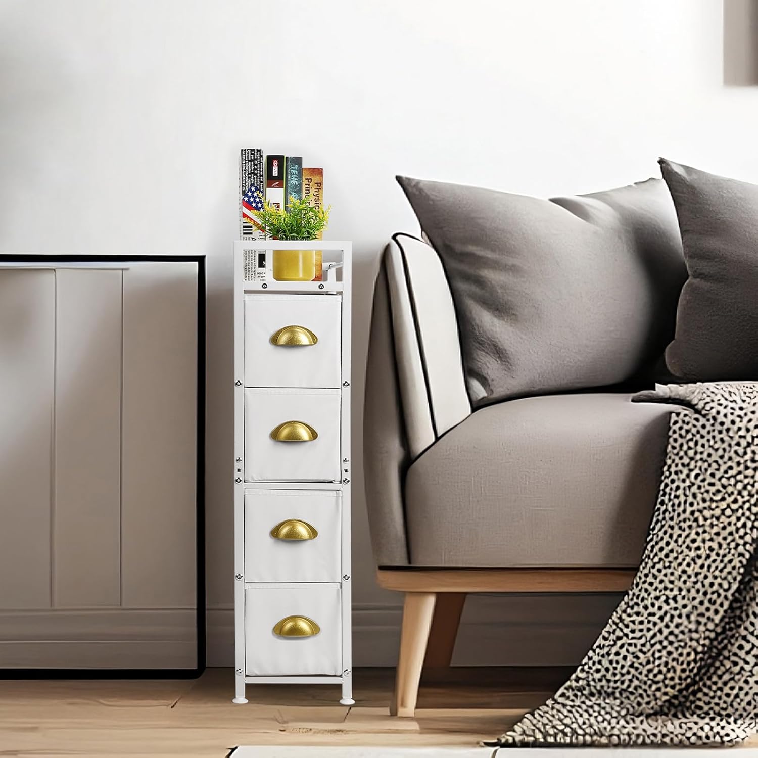 Narrow 4-Drawer Fabric Storage Cabinet with Wooden Top P7690