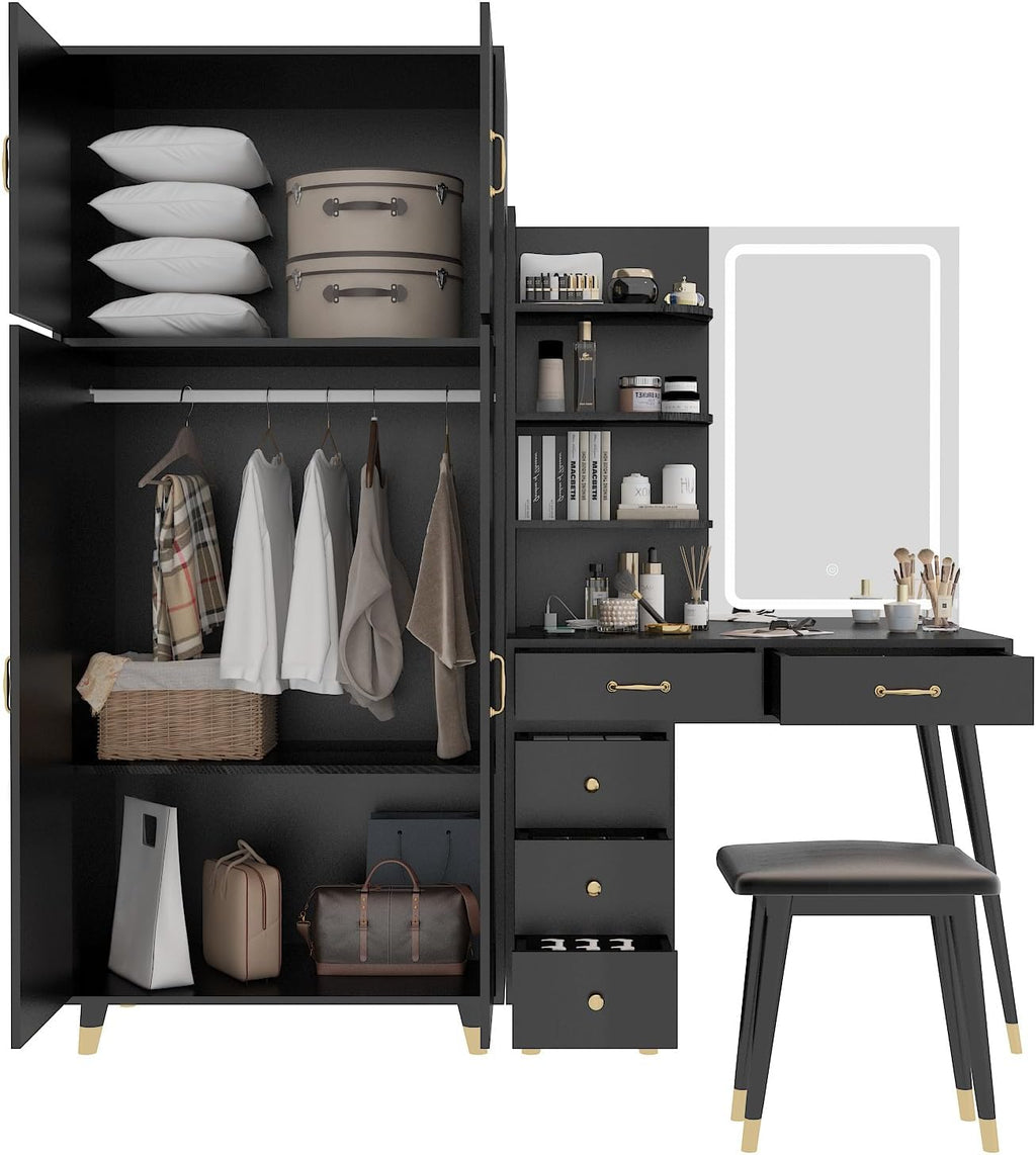 Vanity Desk with Mirror and Stool Set, Storage Cabinet N413234
