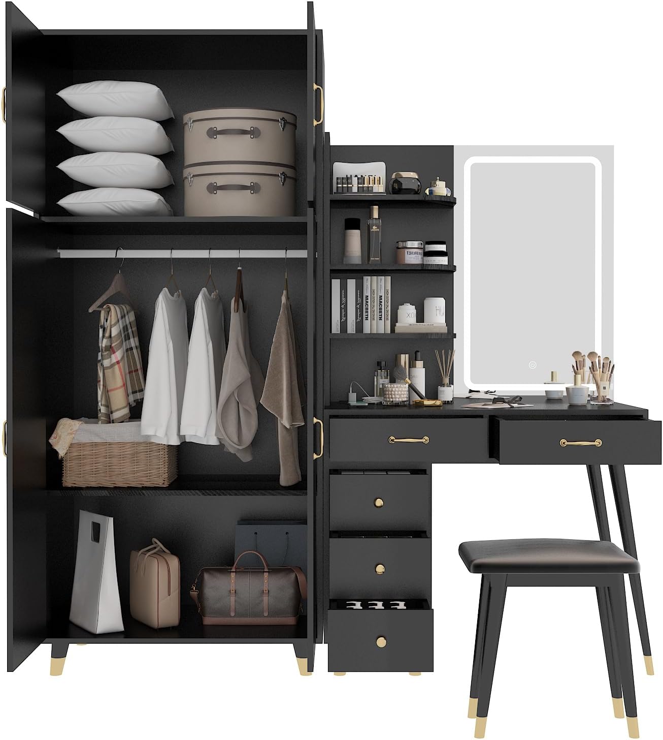 Vanity Desk with Mirror and Stool Set, Storage Cabinet N413234