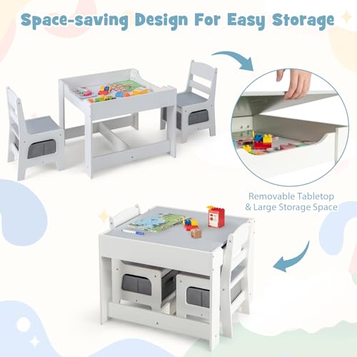 Kids Table and Chairs 3-in-1 Craft Table with Storage, Detachable Tabletop, Removable Blackboard T538236