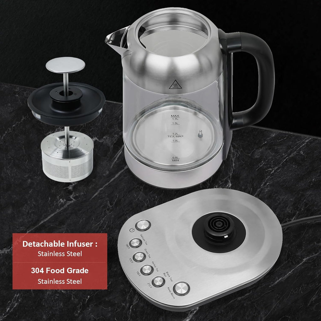 Smart Electric Kettle with Temperature Control & Tea Infuser - 1.7L Glass Water Boiler V7310
