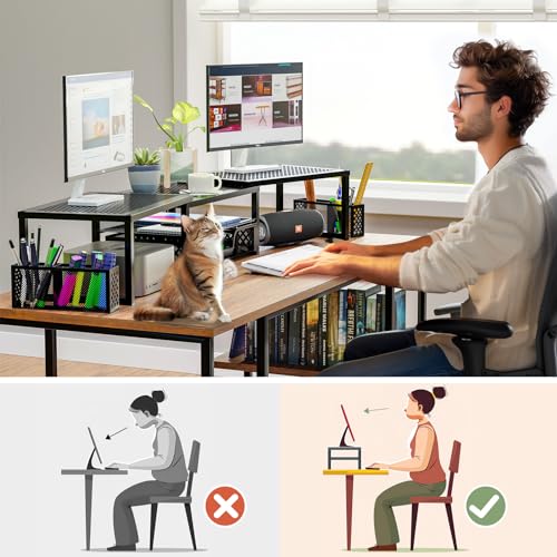 Dual Metal Monitor Stand Riser with Drawer and Pen Holder, Adjustable Angle, Black Q819739