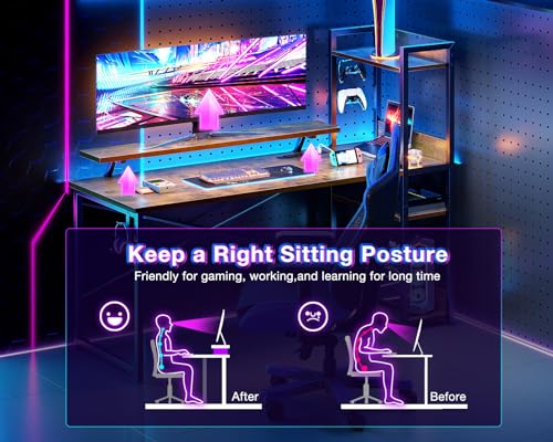 Reversible Gaming Desk with Power Outlets, 40 Inch Computer Desk with Storage Shelves and Monitor Stand U9097