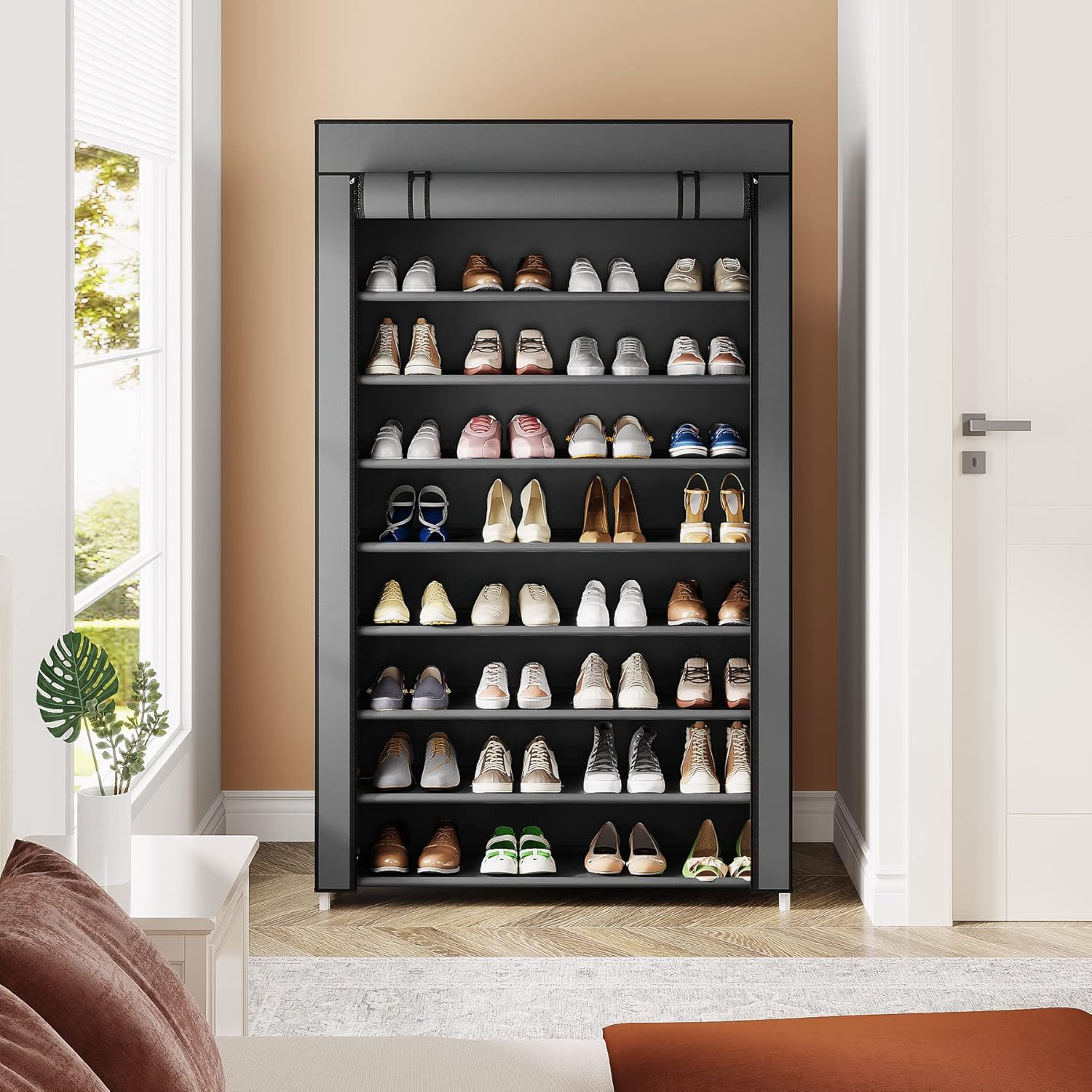 10-Tier Shoe Rack with Cover, Vertical Shoe Storage Cabinet for Closet and Entryway F539