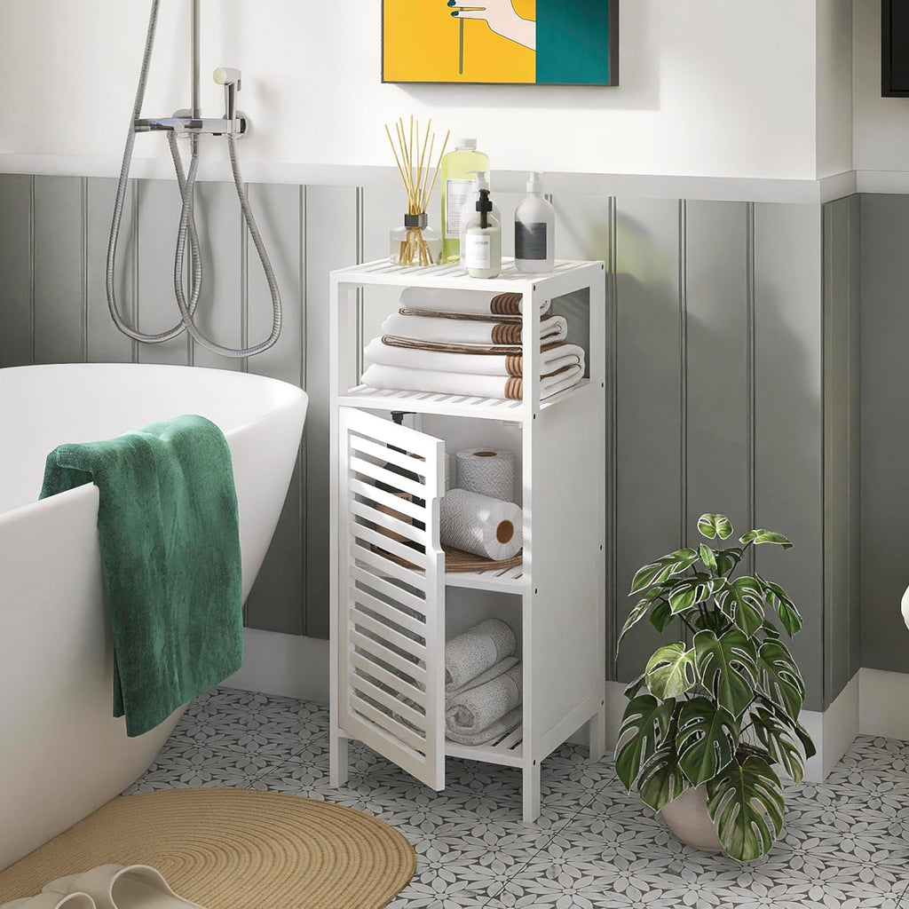 Bamboo Bookshelf Wall Cabinet with Adjustable Shelves and Hanging Hooks, White S151