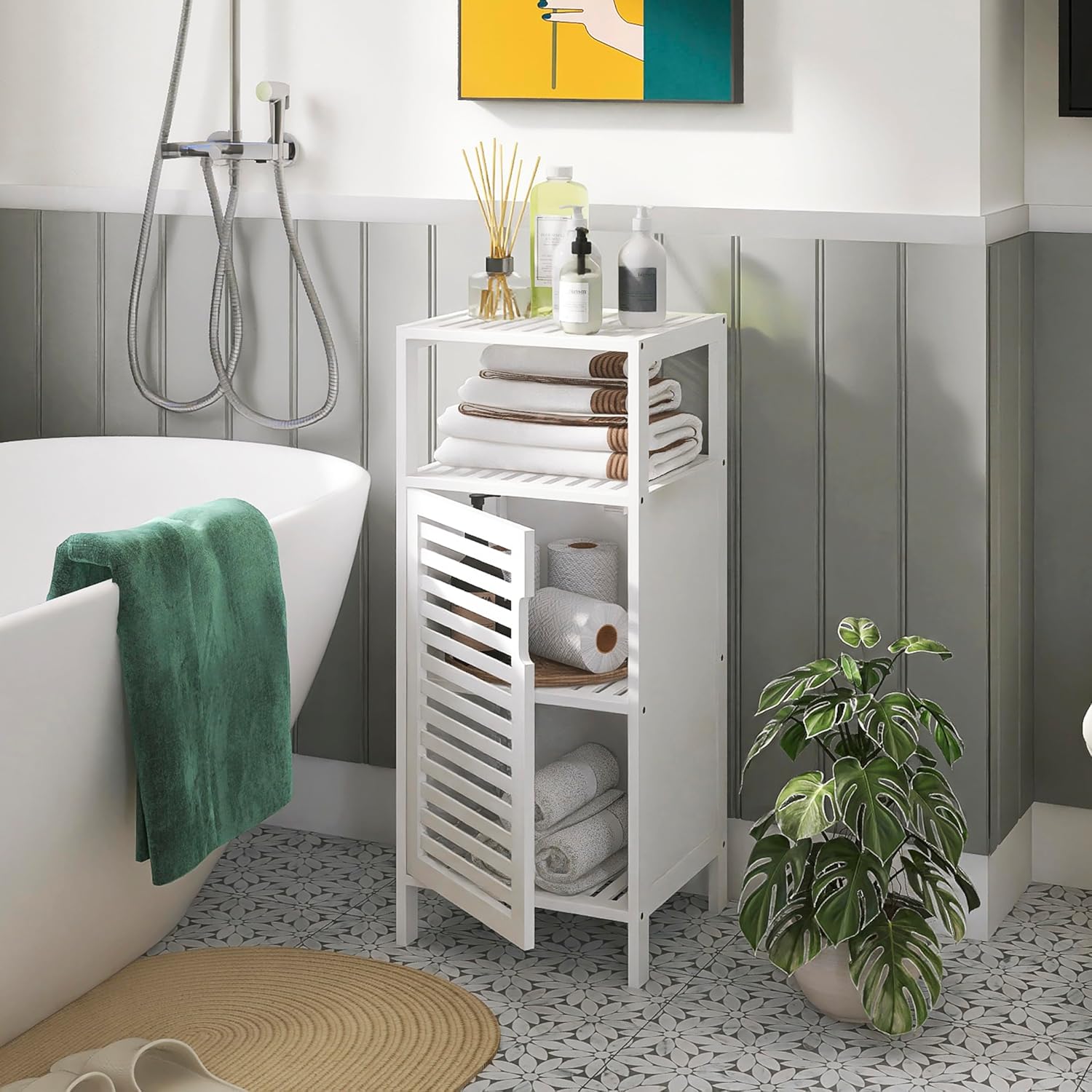 Bamboo Bookshelf Wall Cabinet with Adjustable Shelves and Hanging Hooks, White S151