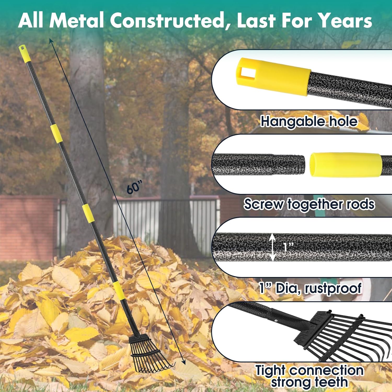 Metal Garden Rake with 60 Inch Handle for Leaves O221192