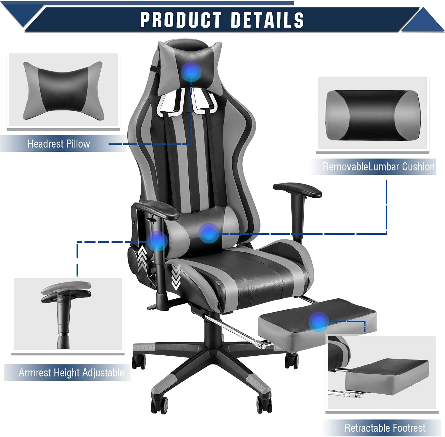 Gaming Chair with Footrest, Swivel Desk Chair, Adjustable Headrest and Lumbar Pillow C3198