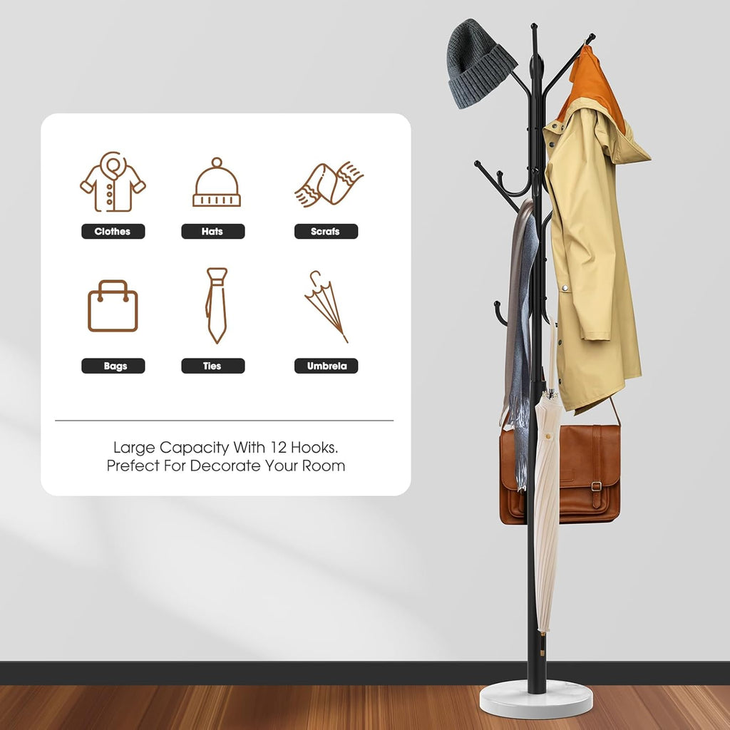 Metal Coat Rack with 12 Storage Hooks, Marble Base T186977