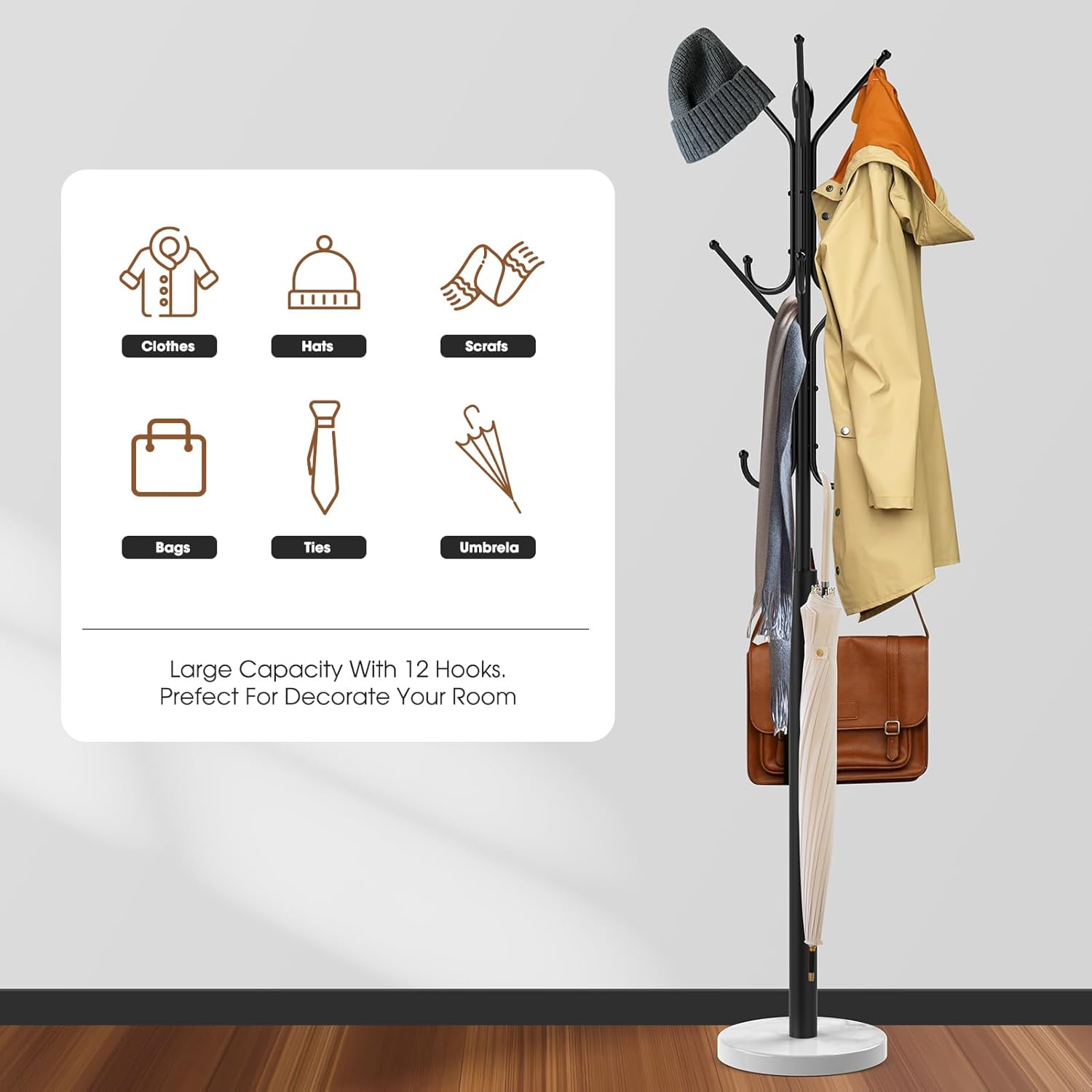 Metal Coat Rack with 12 Storage Hooks, Marble Base T186977