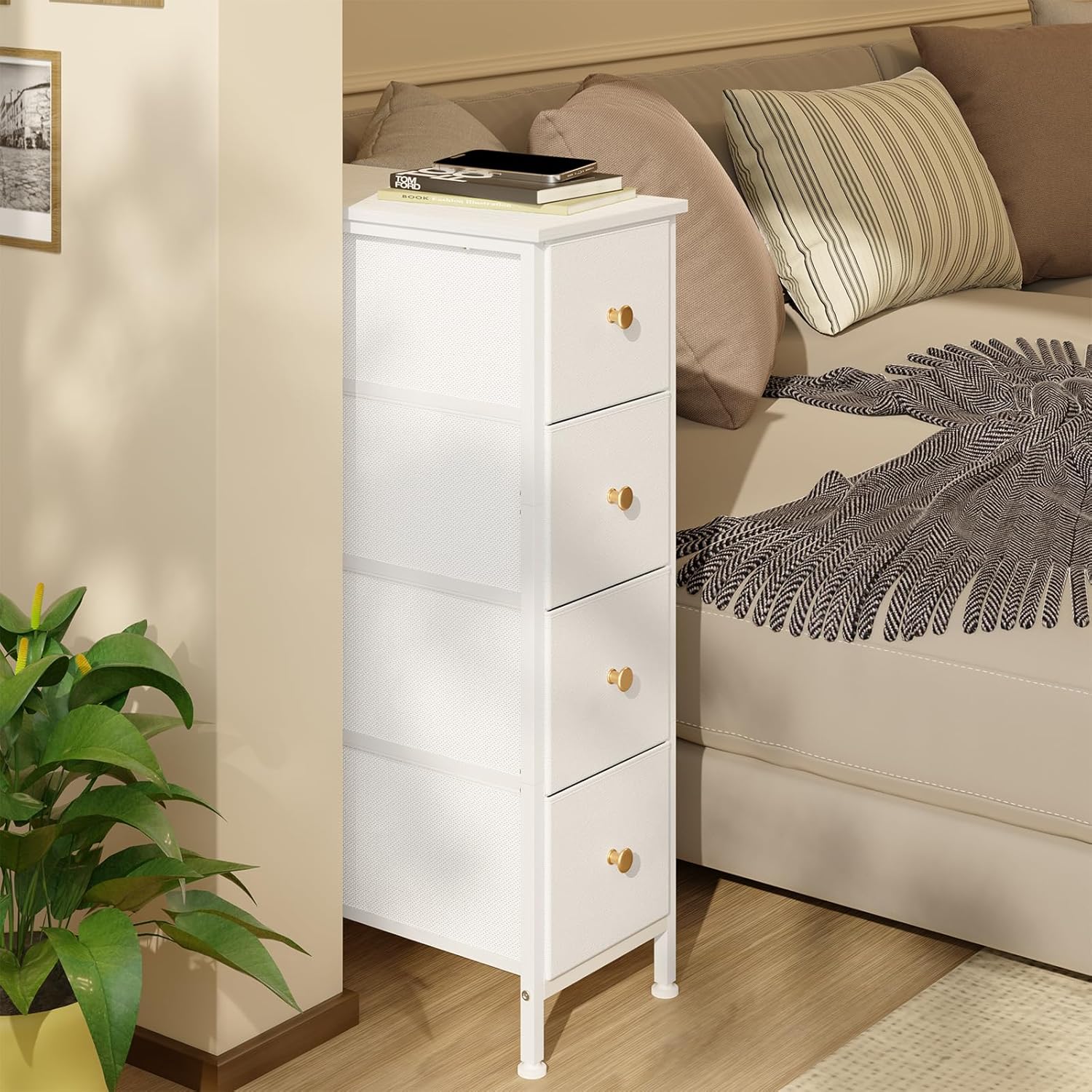 Narrow Storage Cabinet with 4 Drawers, Slim Fabric Dresser Tower for Small Spaces, White with Steel Frame and Wood Top M87984