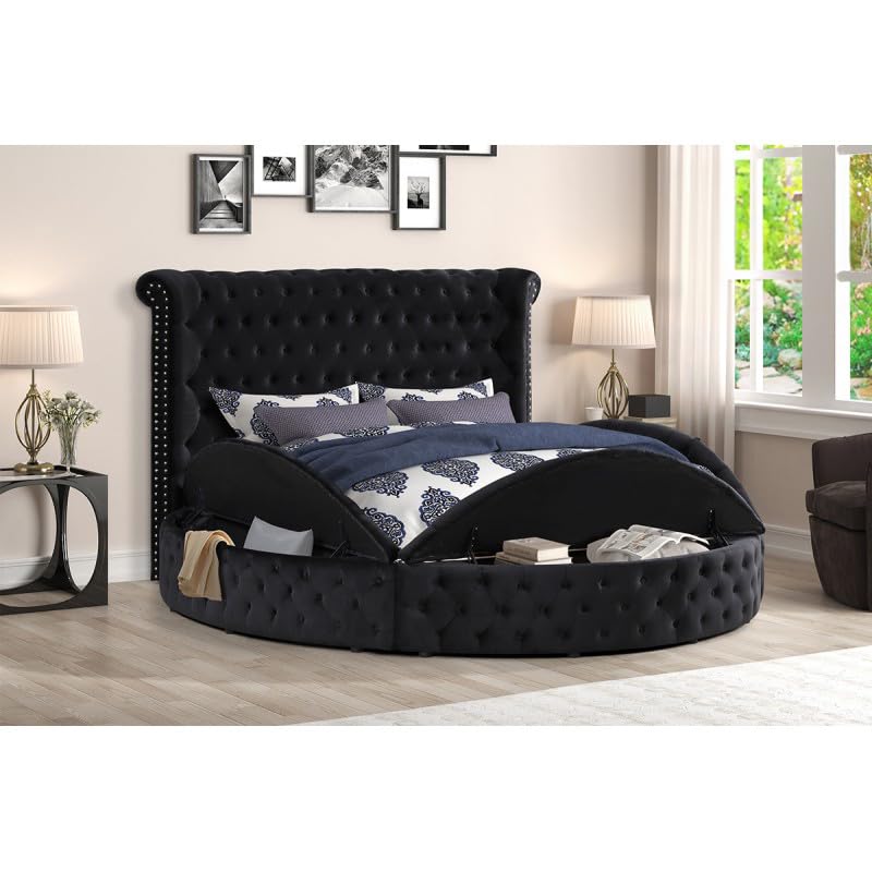 Velvet tufted upholstered platform storage bed with button tufting and storage compartments, California King J8195