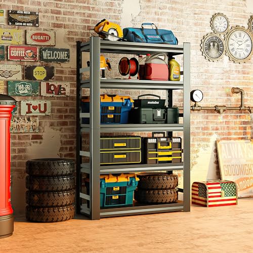Garage Shelving Unit, 5-Tier Metal Storage Rack with Wheels F411