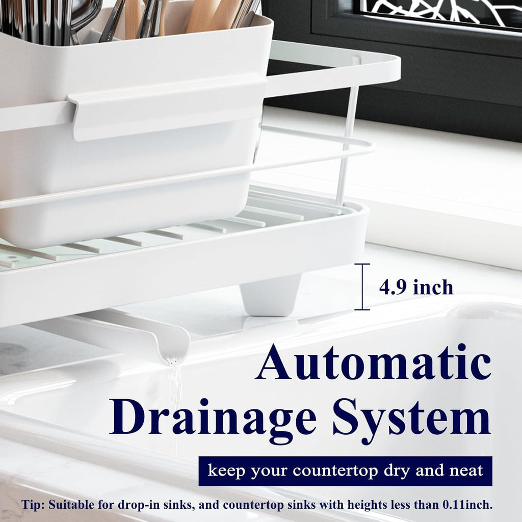 Dish Drying Rack for Kitchen Counter, Stainless Steel with Cutlery Holder, White D503