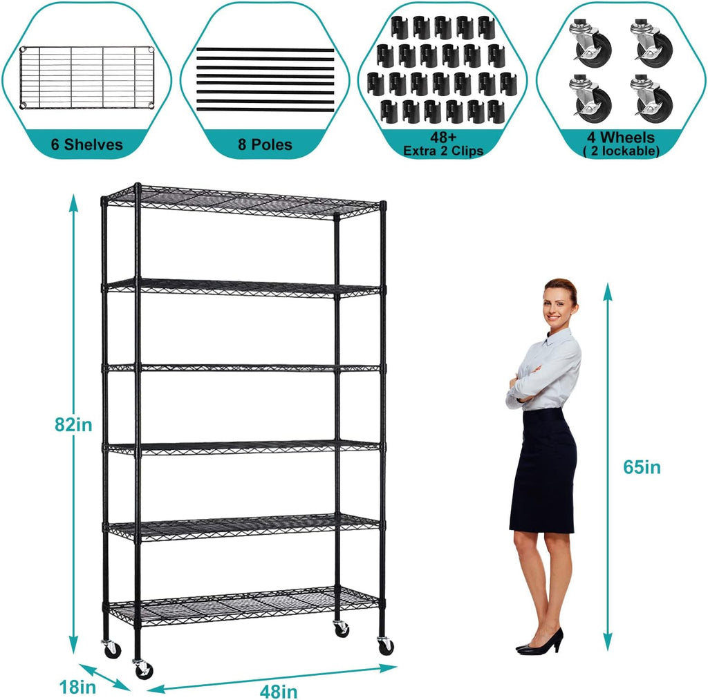 6 Tier Wire Shelving Unit with Wheels, Heavy Duty Adjustable Storage Shelf K67385