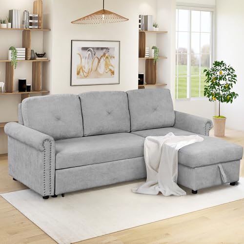 L Shaped Convertible Sleeper Sectional Sofa with Storage Chaise and Pull-out Bed, Velvet Upholstered, Gray O7399