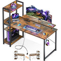 ODK Reversible Gaming Desk with Power Outlets, 40 Inch Computer Desk with Storage Shelves and Monitor Stand, Small Gamer Desk for Home Office, Small Space Bedroom, Carbon Fiber Black