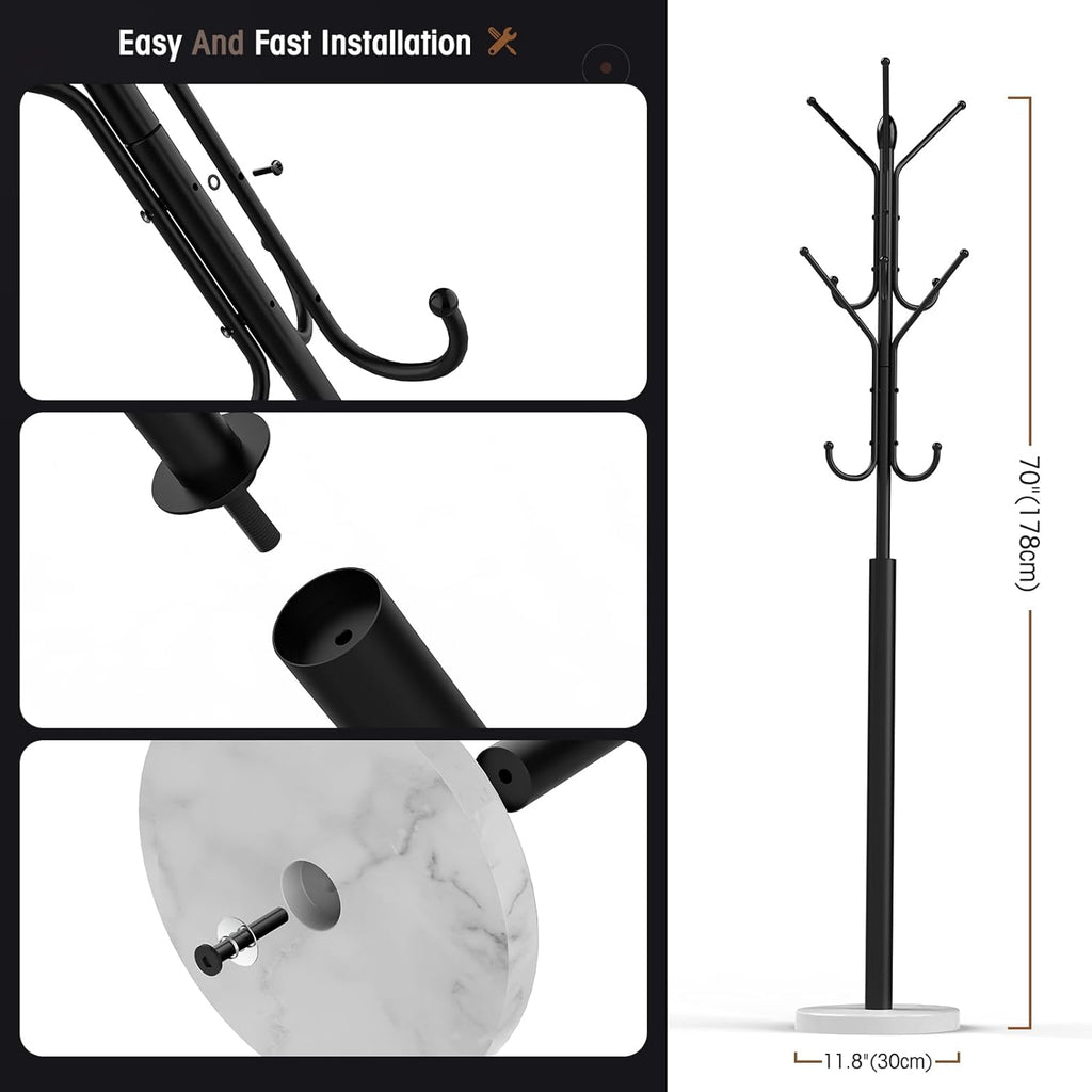 Metal Coat Rack with 12 Storage Hooks, Marble Base T186977