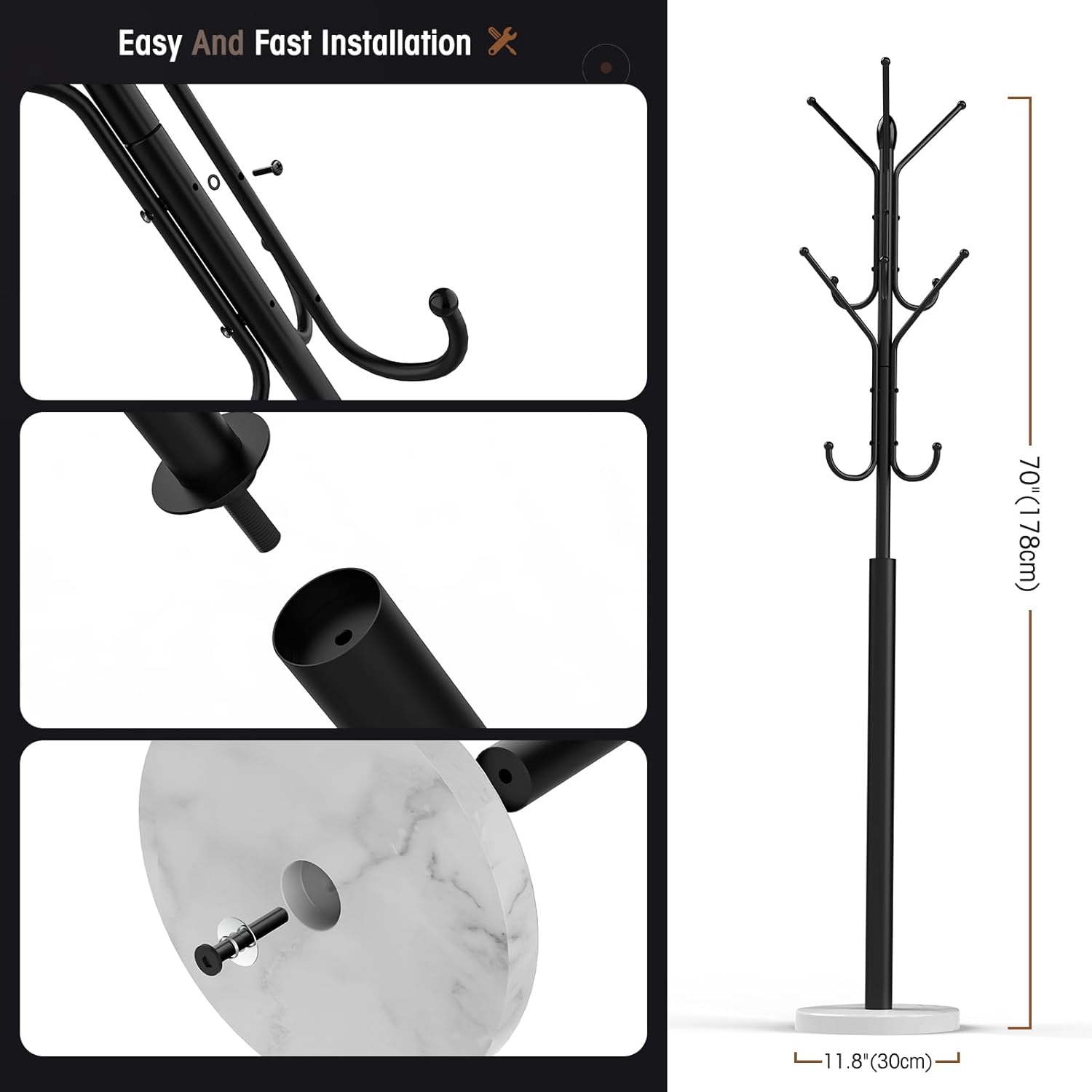 Metal Coat Rack with 12 Storage Hooks, Marble Base T186977
