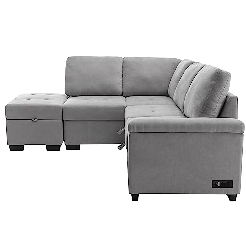 Modular L-Shape Sofa Bed with Ottoman and Storage, Dark Gray T76159