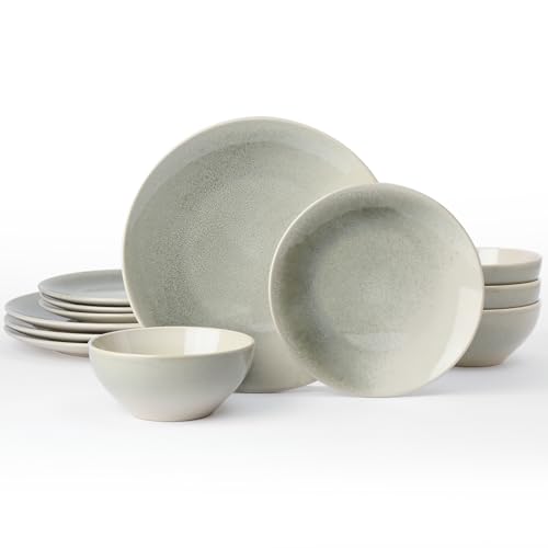 Famiware 12-Piece Dinnerware Sets, Plates and Bowls Set for 4, Stoneware Dish Set- Includes 4 Dinner Plates, 4 Salad Plates, 4 Cereal Bowls, Microwave & Dishwasher Safe, Glacier Series, Honey Beige