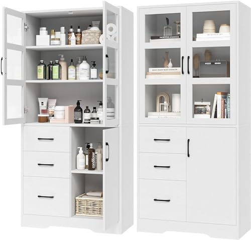 2 Pack Tall Bookshelves with Glass Doors and 3 Drawers, Black F273