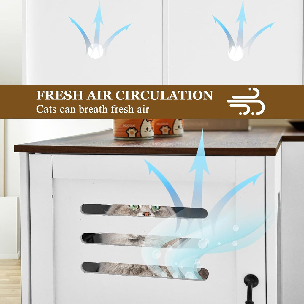 Corner Litter Box Enclosure for Two Cats, Hidden Cabinet with Double Room, White Q645
