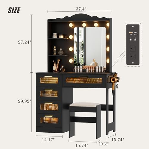 Vanity Desk with Mirror and Lights, 5 Drawers, White D374