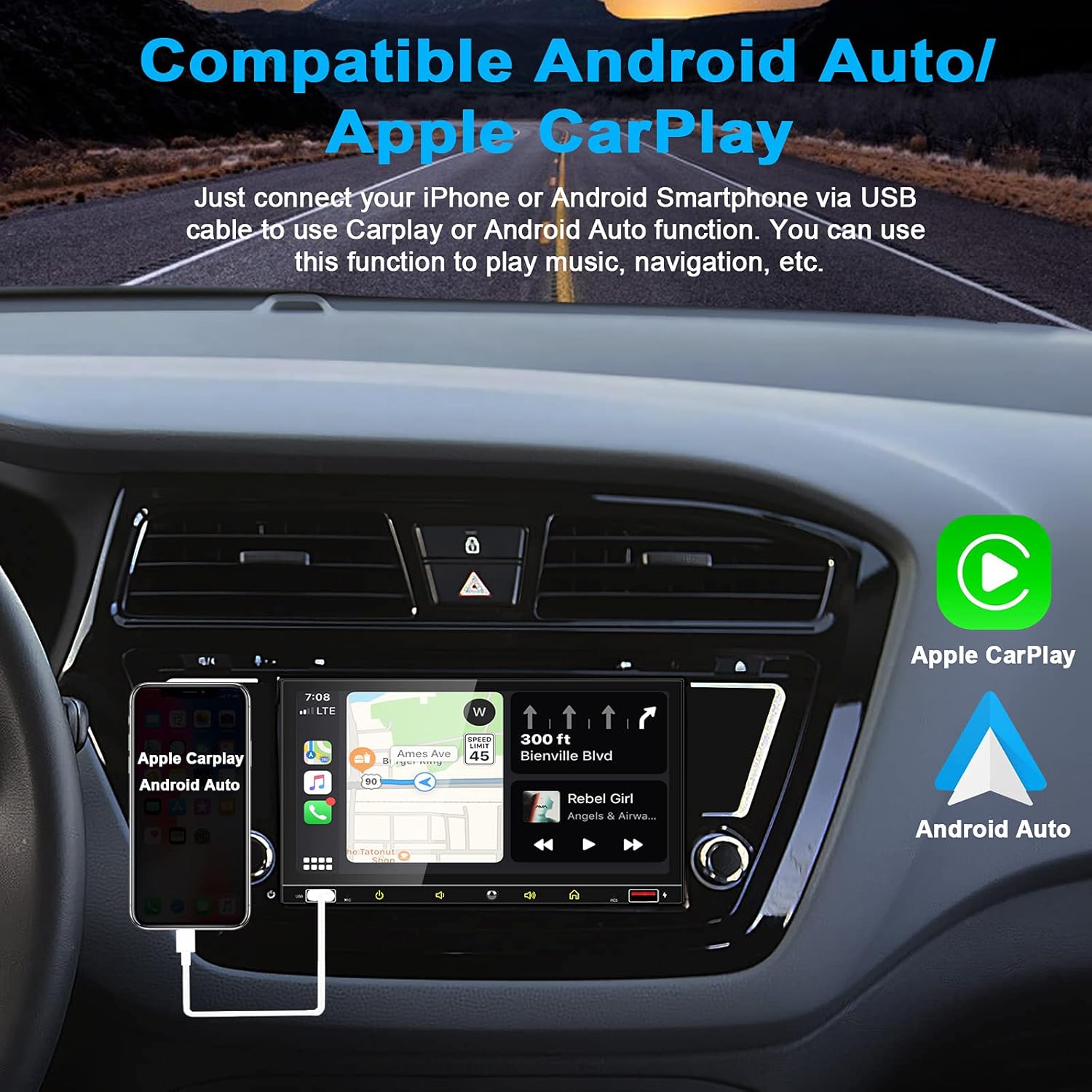 Double Din Car Stereo with 7 Inch Touchscreen, Carplay and Android Auto C339
