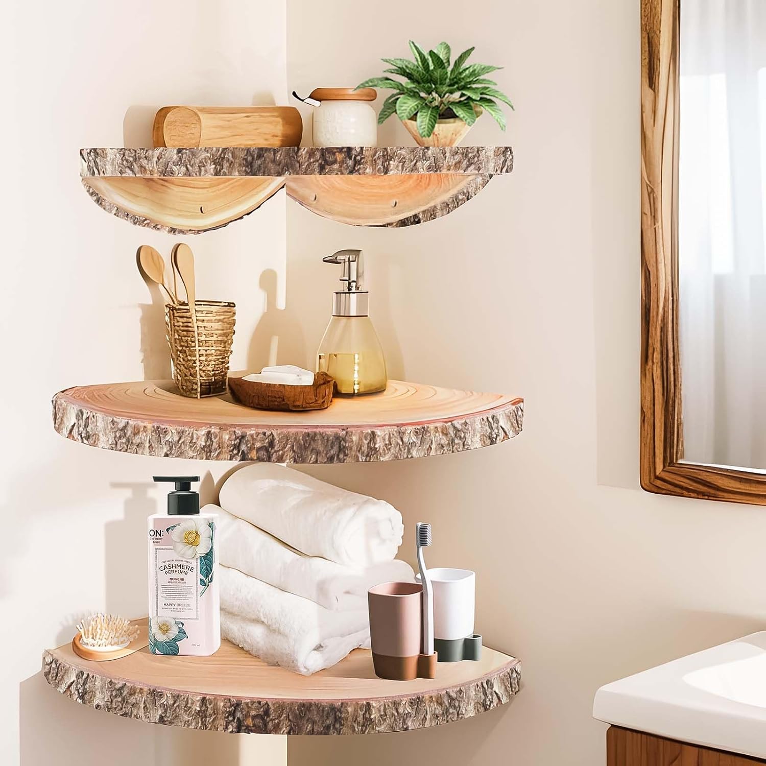 Wall Mounted Wood Corner Floating Shelves 3Pcs for Bedroom Bathroom Living Room J652864