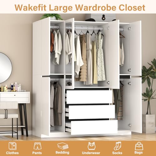 4 Door Wooden Wardrobe Closet with Mirror and Hanging Rod H38907