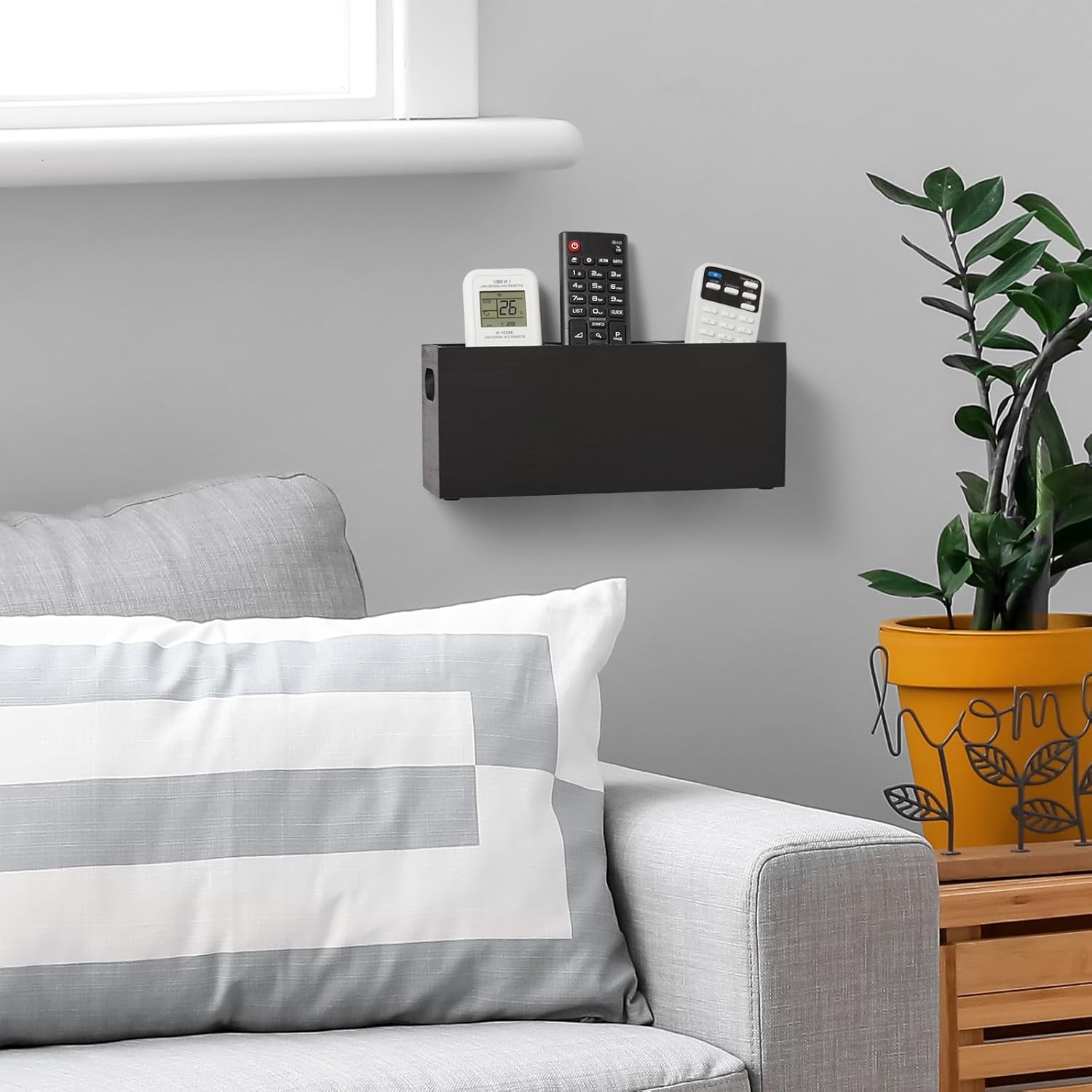 Wall Remote Control Holder with 3 Slots, Wooden, Black T27943